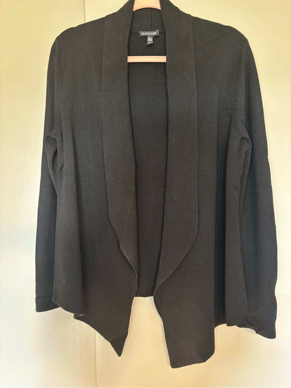 Eileen Fisher Black Open-Front Draped Cardigan in Silk and Cotton Blend, size M